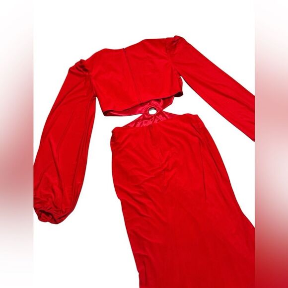 🔥NWT LEENA for MAC DUGGAL 26727 red Cutout Waist Puff Sleeve maxi Dress size 8 - Picture 6 of 11
